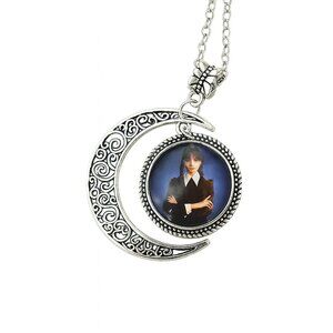 Silver Crescent Moon Pendant with Wednesday Addams Necklace – NWT